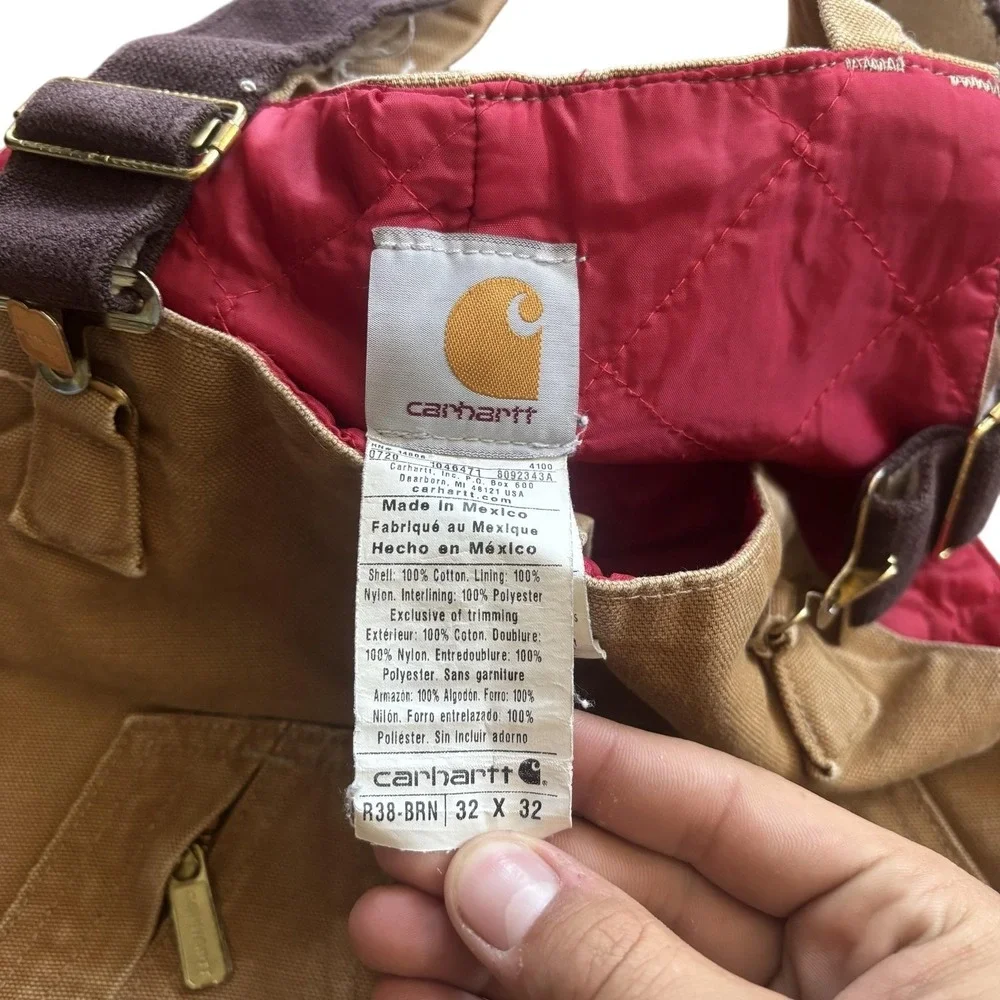 Carhartt Bib Overalls Mens 32x32 Brown R38 Duck Insulated Quilt Lined Workwear